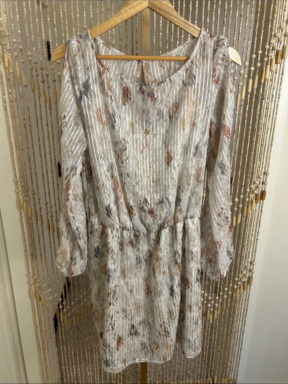 White House Black Market Cream and Tan Floral Chiffon Dress